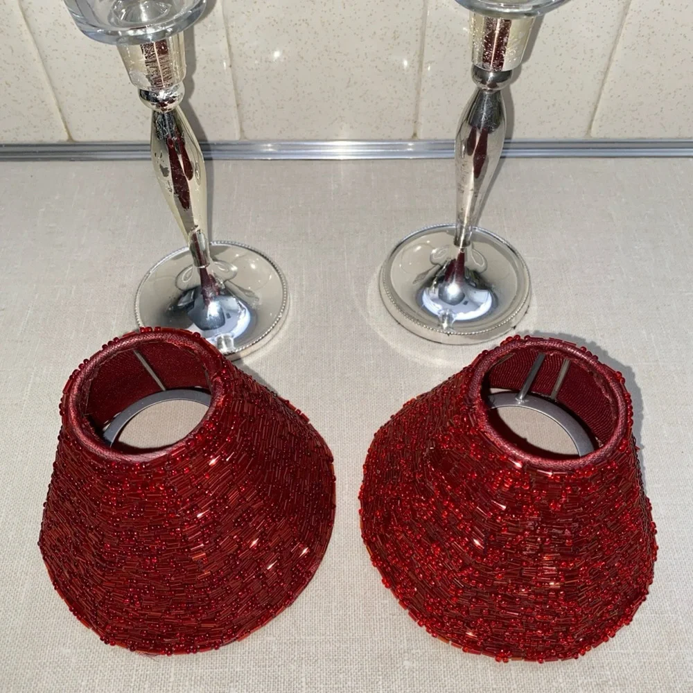 Pottery Barn Holiday Vintage Red Beaded Lamp Shades Votive Candlestick‎ Holders